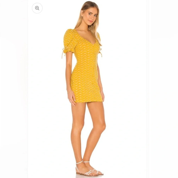 Tularosa Yellow Floral Eyelet Tie Sleeve Penny Mini Dress, Women’s Size Medium - Picture 2 of 8